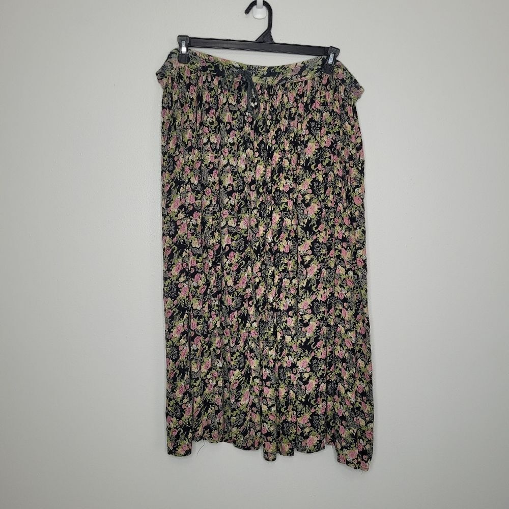 Vintage 90s grunge black pink green floral full maxi midi skirt size large
